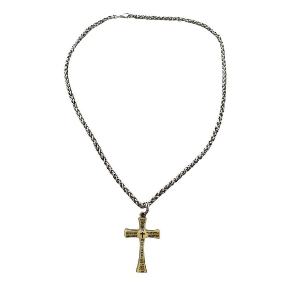 Steel Cross Necklace with Lord Prayer in Spanish